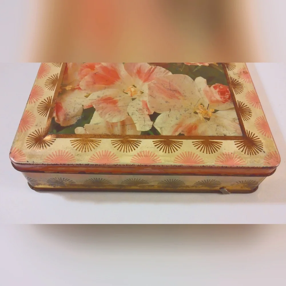 Vintage Floral Tin Box with Pink and Gold Design